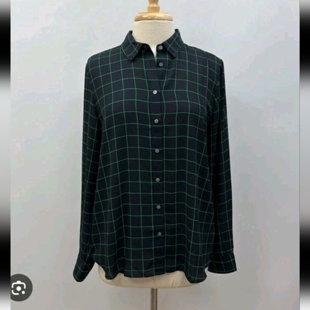 J. Crew Women's Shirt Navy Blue Green Checkered Plaid Preppy Career Blouse Sz S